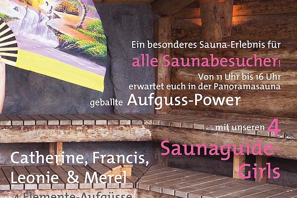 Plakat GirlsPower mit großem Fächer am Saunaofen